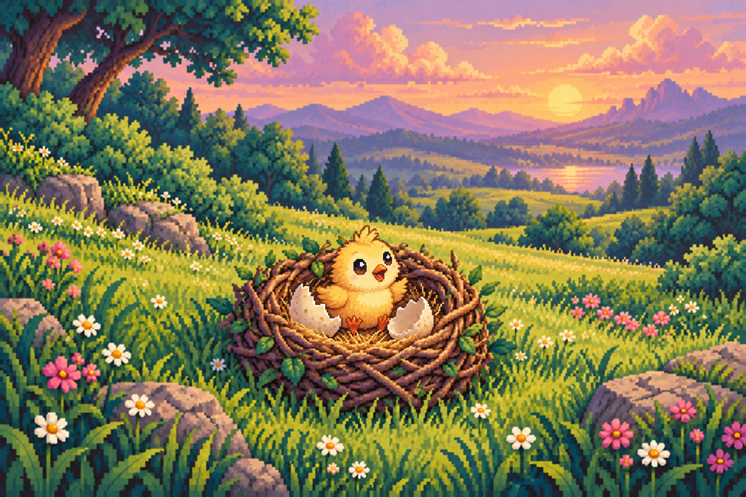 A fluffy yellow chick in the same nest, beside its newly broken eggshell.